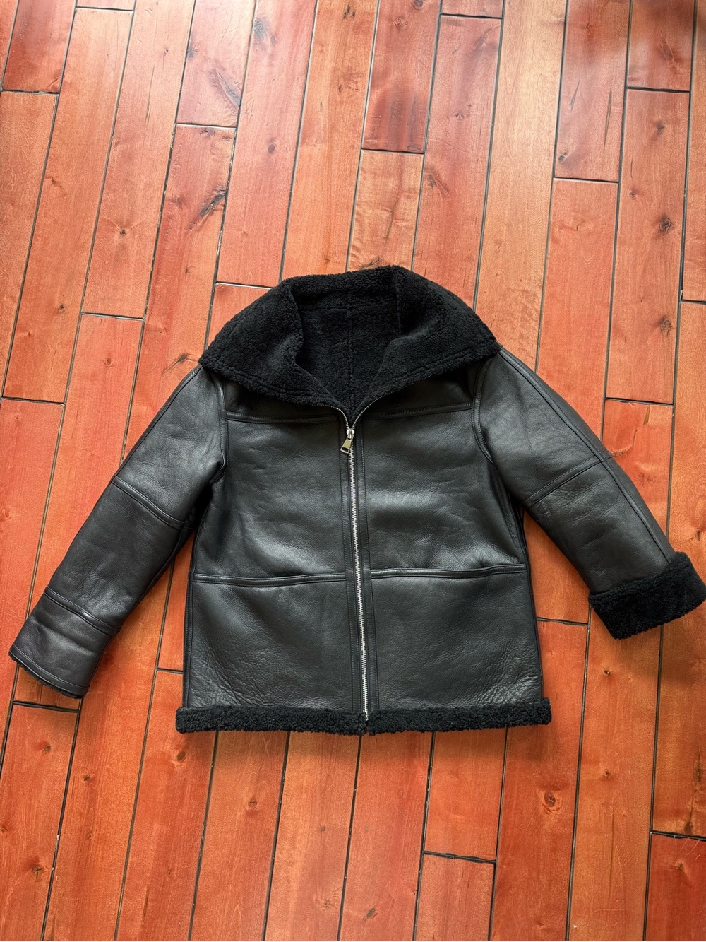 Black Shearling-Lined Oversized Leather Jacket